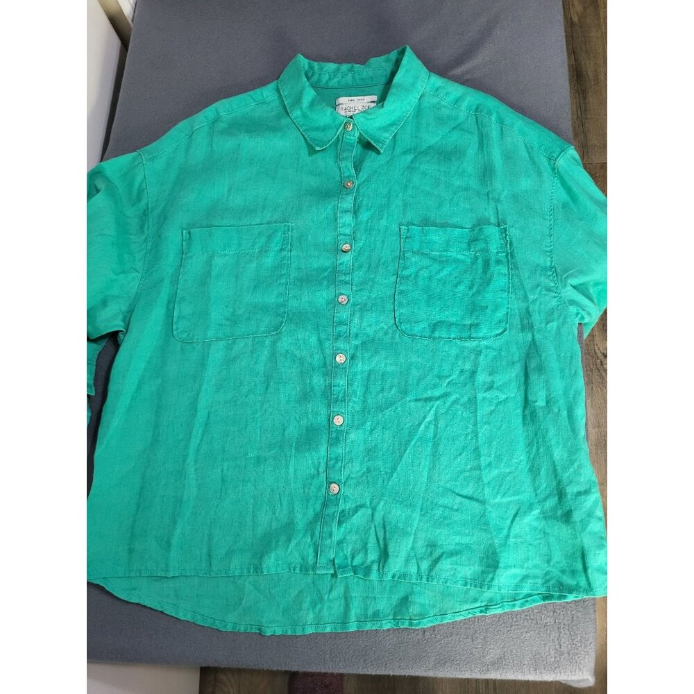Rachel Zoe Women's XL Green 100% Linen Button Up Long Sleeved Blouse - Picture 6 of 8
